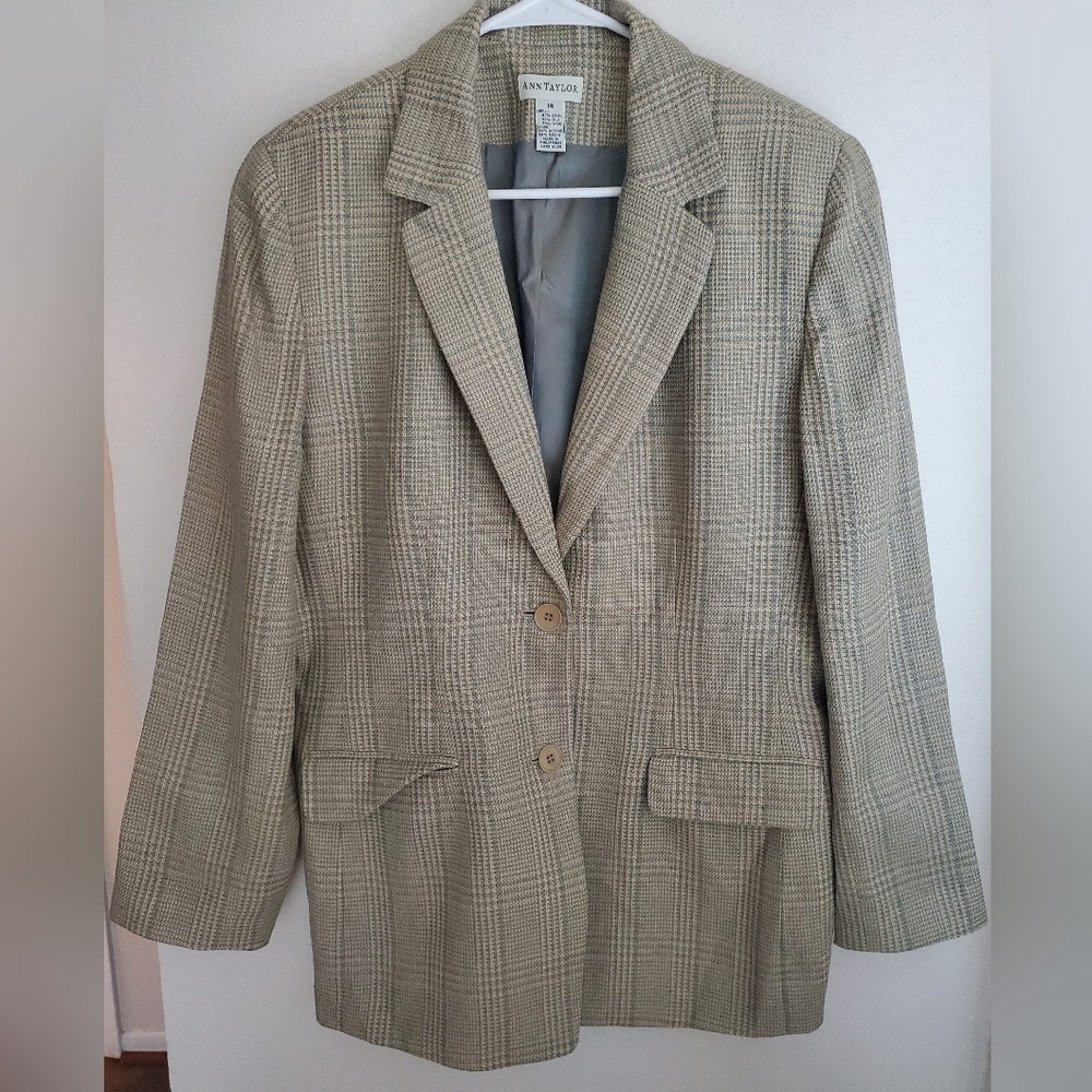 VTG ANN TAYLOR Tan Plaid Linen Silk Wool Blend Two Button Blazer Women's Size 14